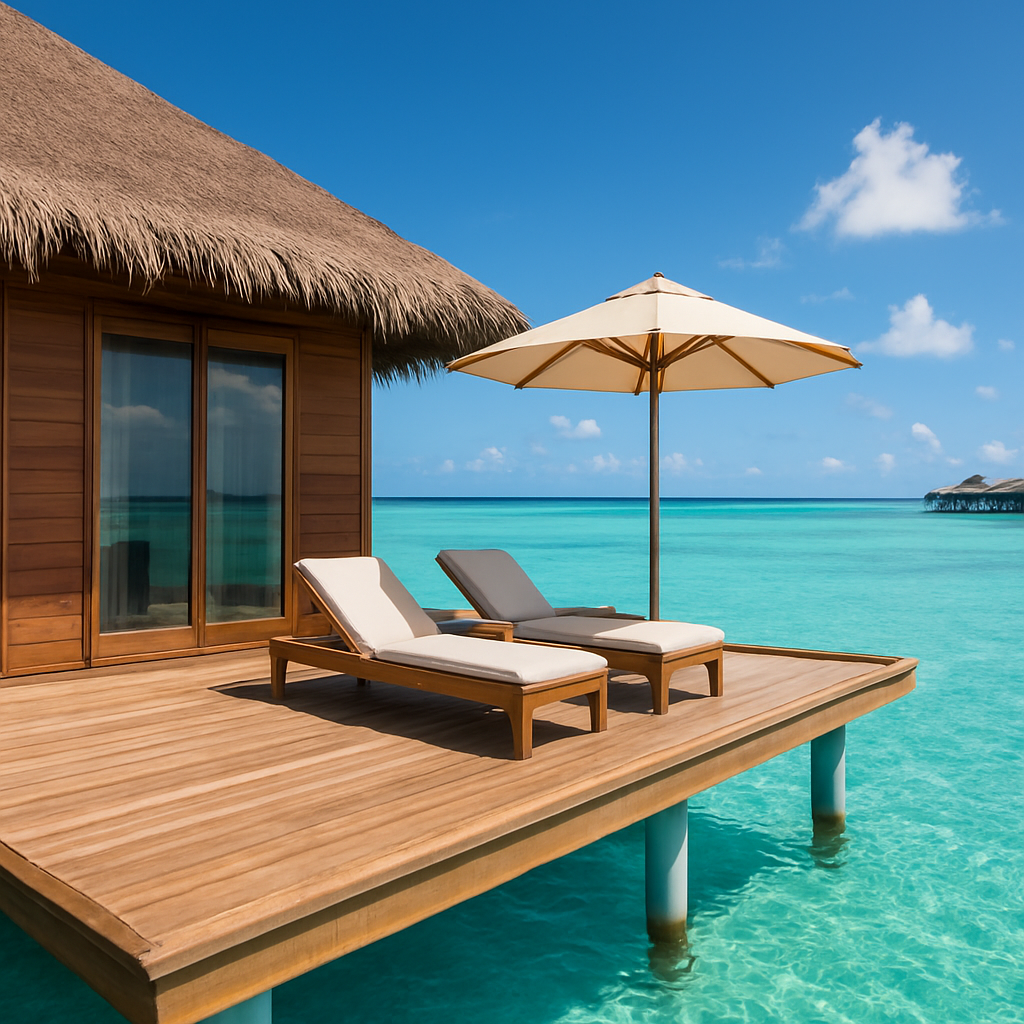 Overwater villa above a turquoise lagoon