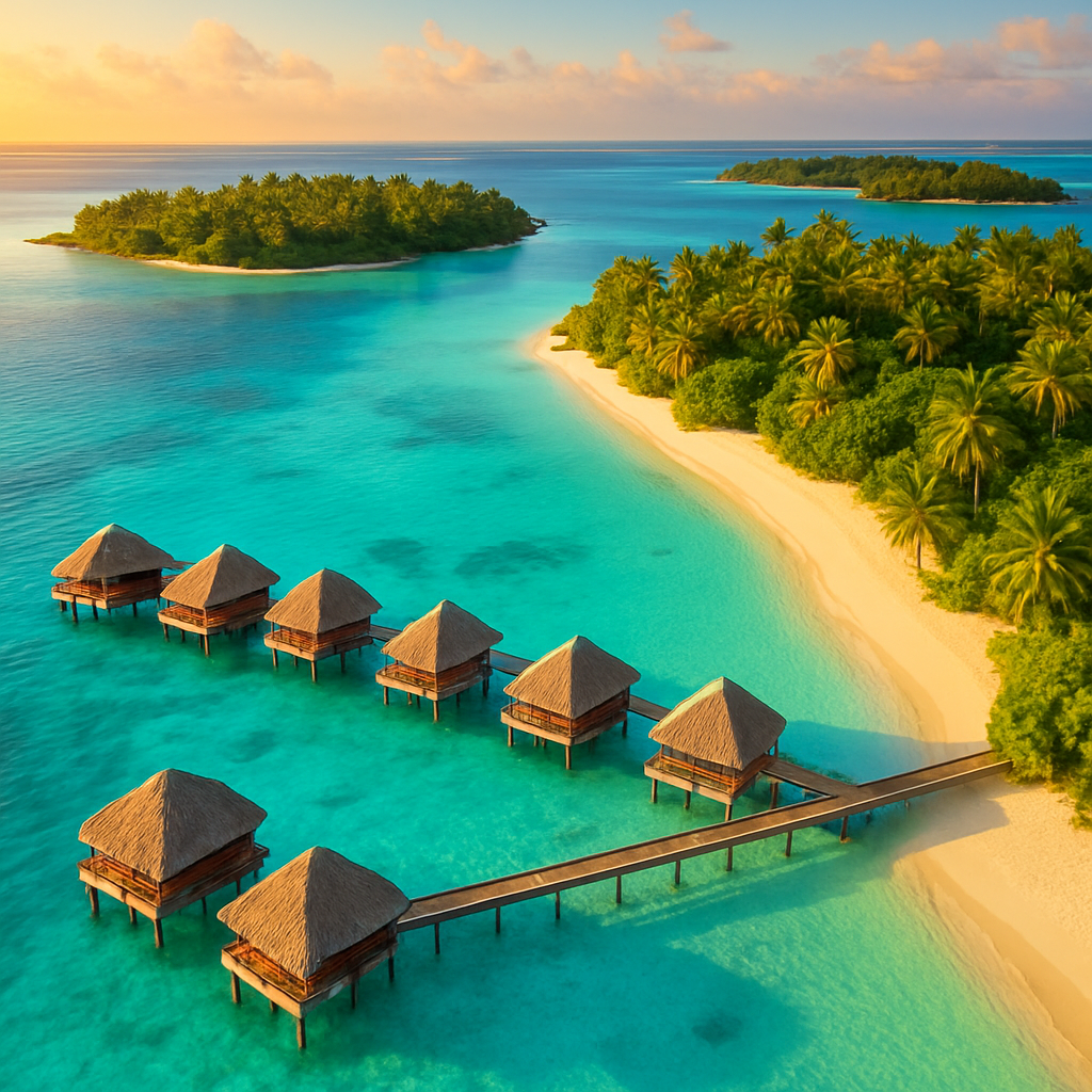 Aerial view of a turquoise tropical bay with overwater bungalows